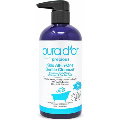 PURA D'OR 16 Oz Kids Wash - All-in-One Gentle Cleanser - USDA Biobased, Sulfate-Free, Tear-Less, Hypoallergenic, Premium, Shampoo & Bubble Bath
