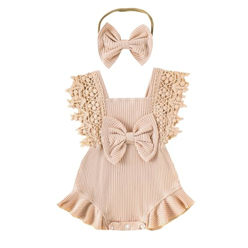 Yoawdats Baby Girl Lace Romper Sleeveless Ruffle Bow Decorated Romper Jumpsuit Bodysuit with Headband Newborn Baby Clothes