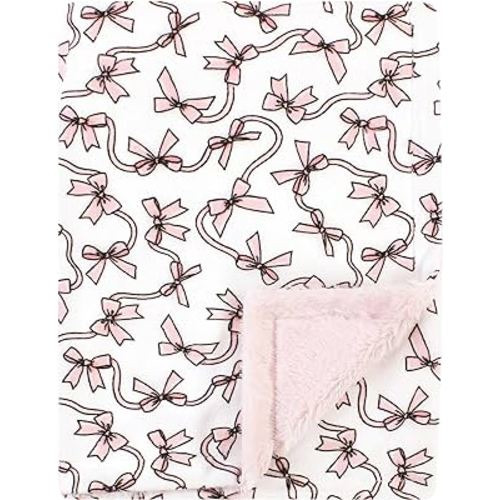 Hudson Baby Unisex Baby Plush Blanket with Furry Binding and Back, Pink Bows, One Size