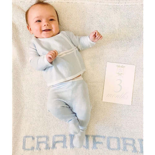*Heirloom Name Blankets – Cream with Blue Block Lettering