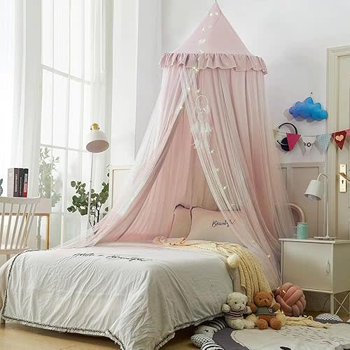 Bed Canopy for Girls and Adult, Double-Layer Pink Mosquito Net Princess Dome with LED Lights Mesh Bed Canopy for Bedroom Decoration Bed Canopy Mosquito Netting Bed Tent