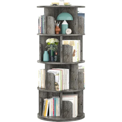 Aheaplus Rotating Bookshelf, 360 Display Corner Bookshelf for Small Space, 4 Tier Floor Standing Bookcase Storage Rack, Wood Narrow Book Shelf Organizer for Bedroom, Living Room, Study Room, Grey Oak