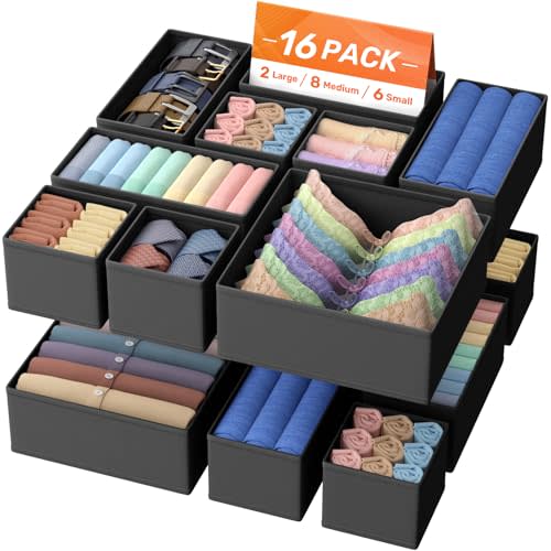TasticTotes Drawer Organizer Clothes, 16 Pack Drawer Organizers and Underwear Organizer for Nursery, Dividers Clothes Organizer, Closet Organization and Foldable Storage Bins for Sock, Bra, Tie, Black