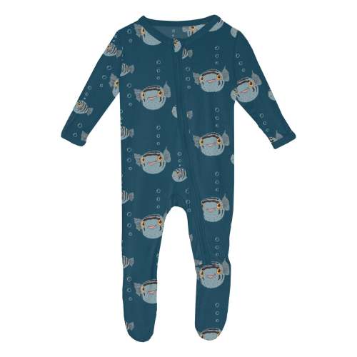 Print Footie with 2 Way Zipper in Peacock Puffer Family