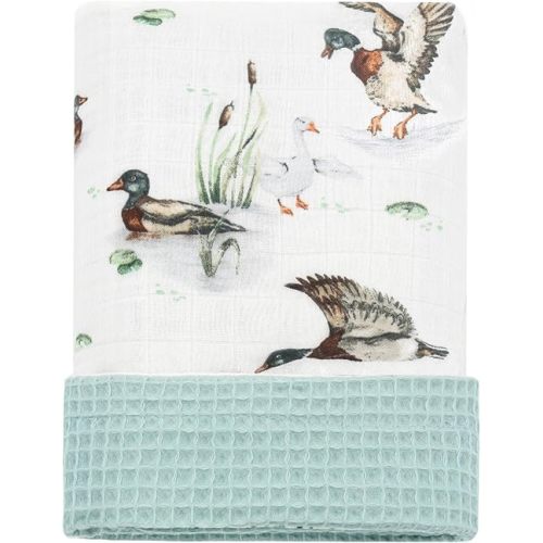 LifeTree Waffle Baby Blankets Neutral, Muslin Swaddle Blankets for Boys Girls, 2 Layers Crib Stroller Blanket Receiving Blankets with Muslin Front and Waffle Backing Infant Newborn Mallard Duck