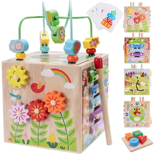 Wooden Activity Cube | Montessori Toys for 1 2 3 Year Old Toddlers | One Year Old 1st First Birthday Gift | Educational Toys for 12+ Months Baby Boys Girls | Bonus Sorting & Stacking Game (Pink)