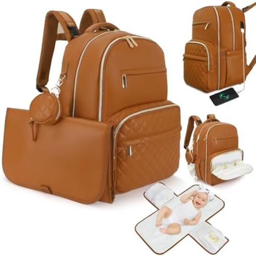 Award-Winning 3 in 1 Faux Leather Diaper Bag Backpack – Stylish Unisex 31L Design, 21 Pockets, USB Port, Changing Pad, Pacifier Case, Stroller Straps & Waterproof PU Leather Diaper Bag