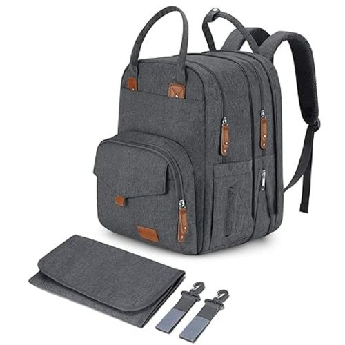 Extra Large Diaper Bag Backpack for Two Kids Twins - Expandable Baby Bag (26-36L), Dual Big Compartments - Includes Changing Pad & Stroller Straps, Unisex Dark Grey