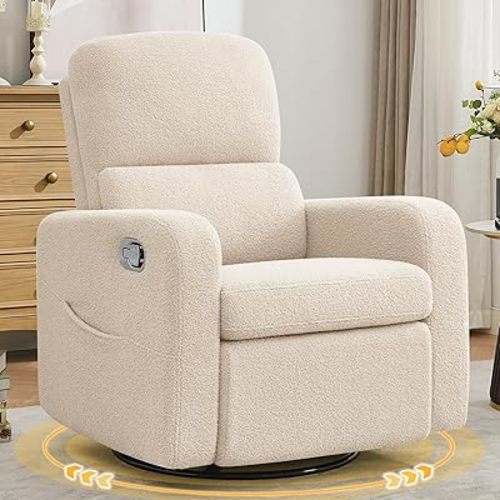Swivel Rocker Recliner, Oversized Manual Boucle Nursery Glider Rocking Recliner Chair with Removable Cushion, Upholstered Swivel Reclining Chair for Nursery Living Room Bedroom, Teddy Apricot