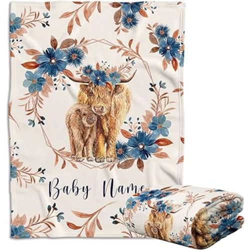 Highland Cow Baby Blankets, Western Blankets for Baby Girl, Personalized Name Baby Blanket for Girls, Cow with Flowers, Plush Blankets for Newborn Infant Daughter Granddaughter