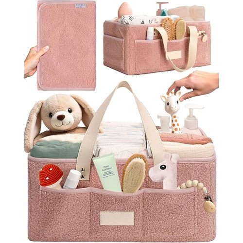 Baby Diaper Caddy Organizer with Portable Changing Mat - Teddy Fleece Diaper Organizer for Changing Table - Baby Basket for Diaper Changing Essentials - Baby Caddy Organizer with Removable Dividers