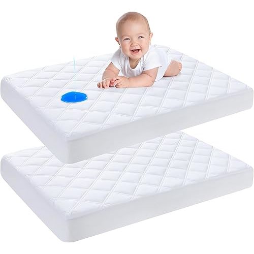 Yoofoss Waterproof Pack and Play Mattress Protector 2 Pack, Quilted Pack and Play Mattress Pad Cover Ultra Soft and Breathable, Playpen/Playard Mattress Sheet for Standard Pack n Play Size 39''x27''