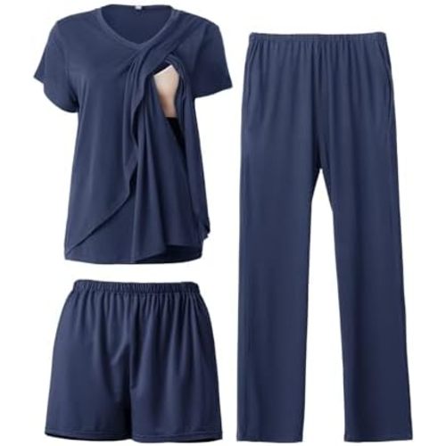 Rnxrbb 3 PCS Nursing Pajamas Set Postpartum Pjs Breastfeeding Sleepwear for Women Double Layer with Pockets