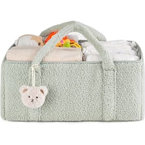 Dahey Baby Diaper Caddy Organizer with Bear, Nursery Storage Basket Gifts for Newborn Shower Essentials, Handle Portable Car Diaper Bag for Baby Changing Table Baby Registry Stuff, Green