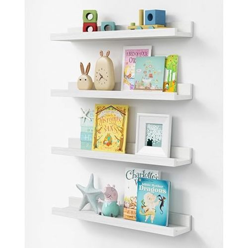 Forbena 24 Inch White Floating Shelves for Wall Set of 4, Wood Nursery Book Shelves for Kids Bedroom, Long Picture Ledge Shelf with Lip for Living Room Bathroom Office and Baby Wall Bookshelf