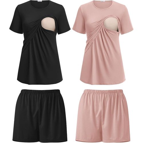Ekouaer 2 Pack Women's Nursing Pajamas Set Double Layer Maternity Pjs Postpartum Loungewear Set Breastfeeding Tops & Shorts
