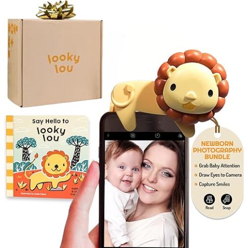 Bundle - Lion Rattle Phone Clip & Hello Lou Storybook Set for Baby Photoshoot, Monthly Milestones, Newborn Photography Props, First Birthday, Baby Shower, New Mom Gifts, Children's Storybook