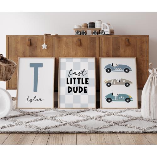 Personalized set of three prints for race car nursery, race car party decorations, customized name print for nursery