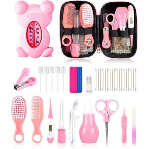 Baby Grooming and Healthcare Kit, Portable Baby Safety Care Set with Hair Brush Comb Nail Clipper Nasal Aspirator for Nursery Newborn Infant Girl Boy (25 in 1 Pink)