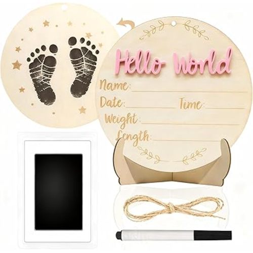 Baby Announcement Sign, 5.9 Inch Round Wooden Hello World Newborn Signs, Birth Announcement Sign: Equipped with Ink Pad Can Baby Handprints and Footprints for Photo Prop Hospital Nursery Gift (Pink)