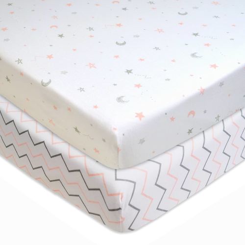 American Baby Company 2 Pack 100% Natural Cotton Fitted Pack and Play Sheets 39" x 27" - Soft & Breathable Pack N Play Sheets for Playard & Mini Crib Mattress, Pink Stars/Zigzag, for Boys & Girls