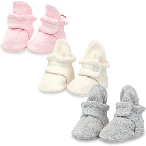 Zutano Unisex Baby Cozie Fleece Baby Booties, Baby Essentials, Pack of 3 - 6 Months Infant - Heather Gray/Baby Pink/Cream