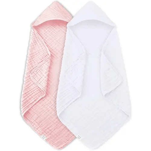 MOON PARK 2 Pack Muslin Hooded Baby Bath Towels for Newborns, Infants, Toddlers - 100% Cotton - Large 32x32Inch Size - Highly Absorbent and Essential, White and Pink