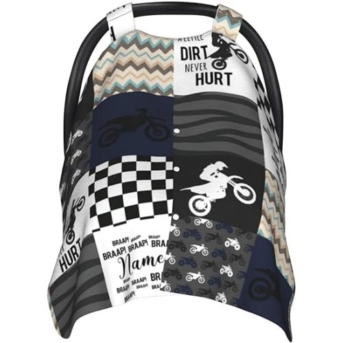 Personalized Dirt Bike Baby Car Seat Canopy for Babies with Name, Custom Motocross Car Seat Covers for Boys Girls, Peekaboo Opening Minky Nursing Cover Infant Car Seat Canopies for Newborn