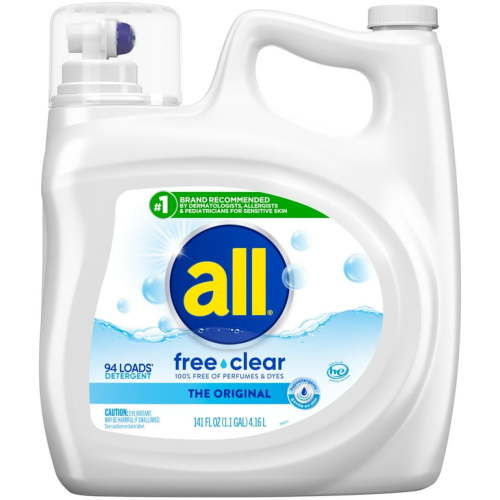 all Liquid Laundry Detergent, Free & Clear, Hypoallergenic, Dermatologist Recommended, 141 Ounce, 94 Loads