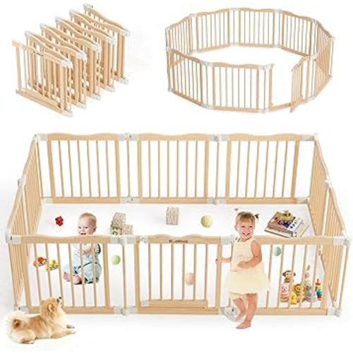 Foldable Wooden Playpen - Adjustable Wood Baby Play Yard with Door, Indoor Large Safety Fence for Babies and Toddlers - Easy Assembly, 10 Panels, Nature Nest