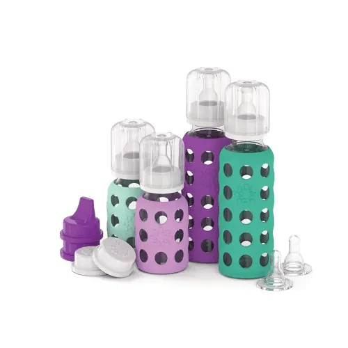 Lifefactory Baby Bottle Starter Set 10-Piece | 4 oz Mint & Lavender, 9 oz Kale & Grape | Includes Flat Caps, Sippy Caps, Stage 2 Nipples