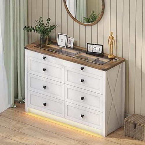 Farmhouse Dresser for Bedroom with 8 Drawers, Wood Tall Chest of Drawers with LED Light/Charging Station/Human Sensor, Dressers Organizer for Closet, Living Room, Hallway, White