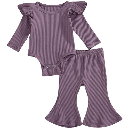 Newborn Baby Girl Boy Autume Clothes Long Sleeve Bodysuit Top+Flared Trousers Pant Set Solid Outfit 2Pcs