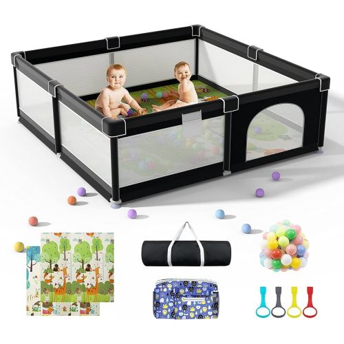 LUTIKIANG Extra Large 79" x 71" Baby Playpen with Mat, Baby Gate Play Yard, Portable Toddler Playpen, Large Play Pen for Babies, Mat Included, Play Area for Babies and Toddlers (Black)