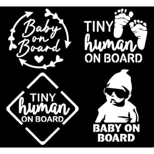 SLACED Baby On Board Decal 4 Pack: Baby On Board Heart Arrows, Tiny Human On Board Sign, Baby Foot Prints, Baby On Board Sunglasses Decals (White, Large ~5"")
