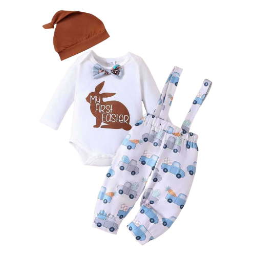MEZZALL Toddler My First Easter Baby Boy Outfit Bunny Letter Print Long Sleeve Romper Suspender Pants Overalls Hat Clothes Set, 6-9 Months