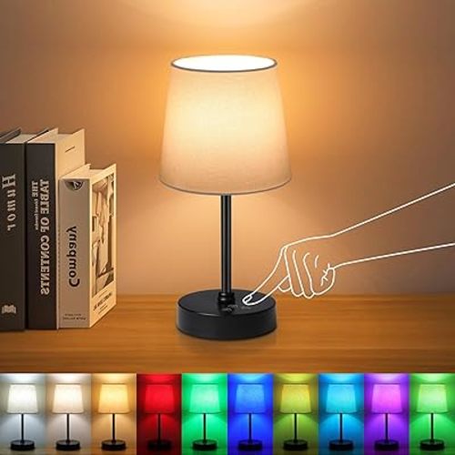Ascher Small Cordless Table Lamp, Built-in Rechargeable Battery, RGB, 3 CCT, Dimmable Portable Bedside Night Lamp, White Shade Ambient Light for Restaurant, Bedroom