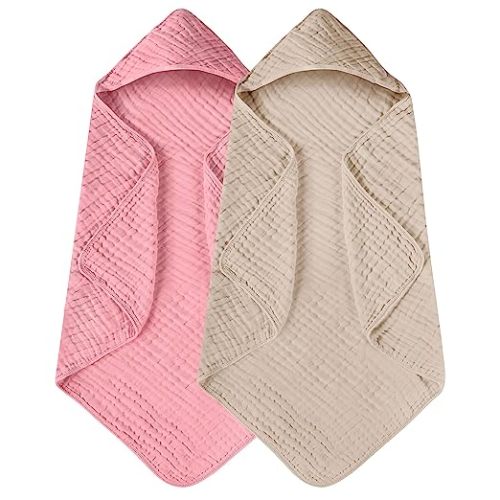 Yoofoss Baby Bath Towel 2 Pack 100% Muslin Cotton Hooded Towels for Babies, Infant and Toddler, Large 32x32Inch, Extra Soft and Absorbent Newborn Essential - Beige & Bean Paste