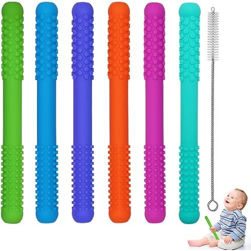 Hollow Teething Tubes Toys for Babies Girls Boys, 6 Pack Silicone Baby Teether Toy Tube for Infants with Nursing Biting Chewing, Chew Straws for Toddlers 6-12 Months (Style A)