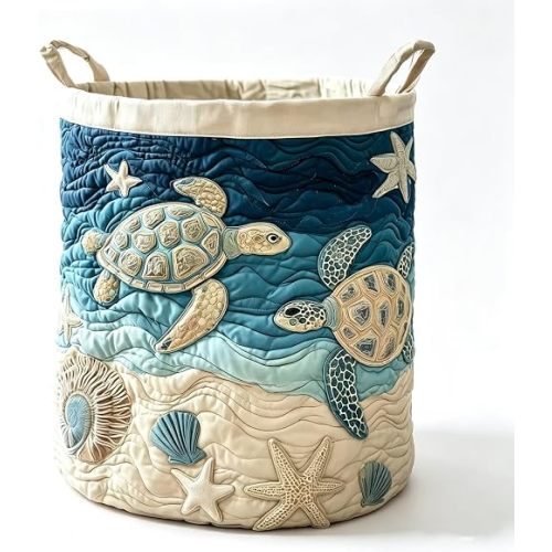 Sea Turtle Laundry Basket Ocean Quilted Storage Basket for Clothes Toys