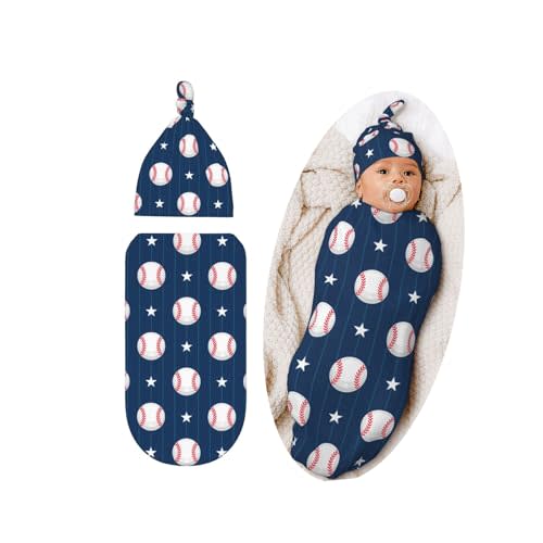 Cute Baseball Print Baby Stuff Swaddle Blanket Hat Set for Boys Girls, Soft Newborn Sleeping Sack Receiving Blanket Shower Gift