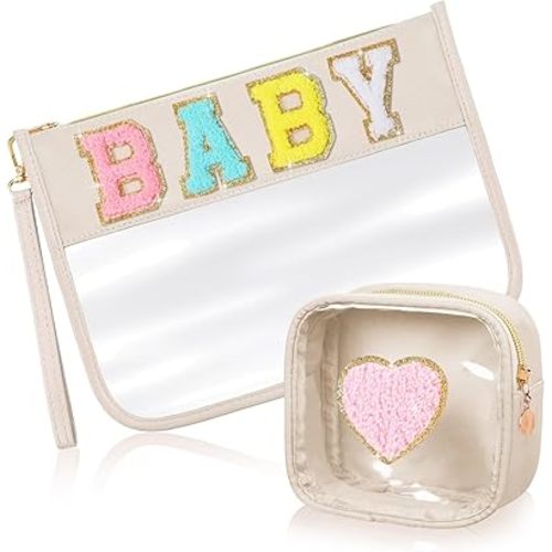 Hillban 2 Pcs Baby Bag Set Chenille Letter Bags Preppy Patch Makeup Pouch Baby Travel Pouch Waterproof Portable Toiletry Storage for Women Mom