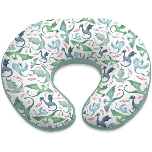 Blue Mint Green Nursing Pillow Cover for Boys Shower Gift, Stretchy Removable Breastfeeding Pillow Case, Soft Bottle Feeding Slipcover for Newborn, Boho Whimsical Dragons Theme Cover Only