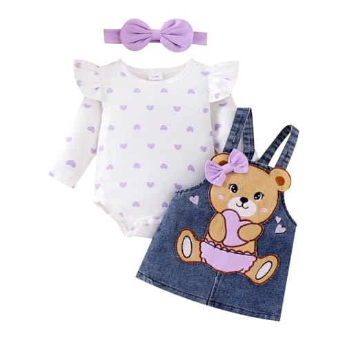 TOKIAGO Baby Girl Clothes Fall Winter Outfits Long Sleeve Romper Bear Cartoon Suspender Skirt Bow Headband Set 0-18 Months