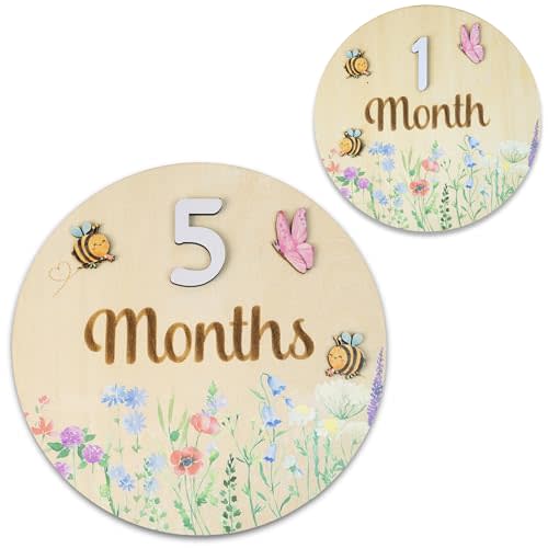 Baby Monthly Milestone Cards - Wooden Monthly Milestone Discs - Newborn Photography Props to Document Your Baby´s Growth - Baby Announcement Sign (Circle Flower)