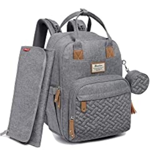 RUVALINO Diaper Bag Backpack, Multifunction Large Travel Backpack with Portable Changing Pad, Stroller Straps, Pacifier Case and Insulated Pockets, Gray - Light Gray