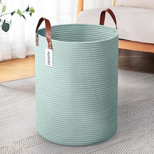 80L Large Rope Basket, Woven Rope Storage Basket with Leather Handles, Dog Toy Storage Basket, Bedroom, Nursery Blanket Storage, Bathroom Laundry Basket, 16“x20” Tall Rope Basket (Green)