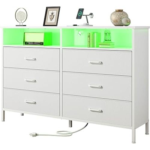 Dresser for bedroom, Fabric White Bedroom Dresser with LED Lights and Charging Station, 6 Long Drawers Dressers, Tall Wide Chest of Drawers Storage Organizer TV Stand for up to 60" TV for Living Room