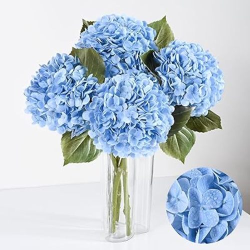 Artflower 4Pcs Real Touch Hydrangea Artificial Flowers, 22.5'' Blue Full Latex Faux Hydrangea Flowers for Home Floral Arrangements Wedding Bouquets Kitchen Table Centerpiece Decorations