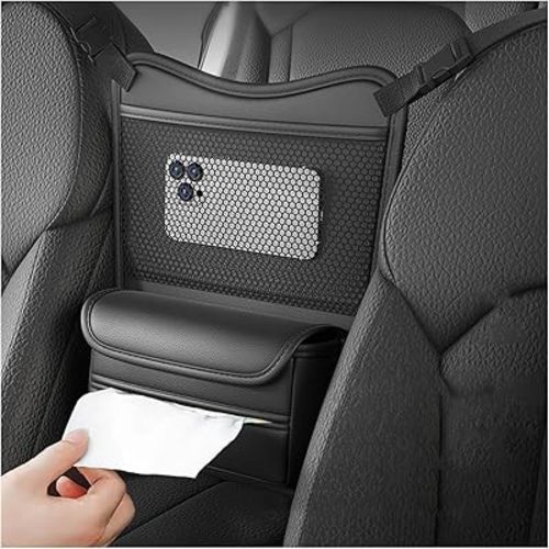 Car Organizer Storage Between Seats, Nappa Leather Auto Handbag Holder for Document Phone Storage, Large Capacity Automotive Console Pocket Purse, Car Accessories (Black)